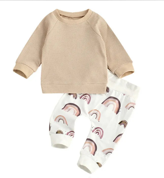 Children's cotton autumn long-sleeve two-piece suit with rainbow pattern in sky blue for 80cm height