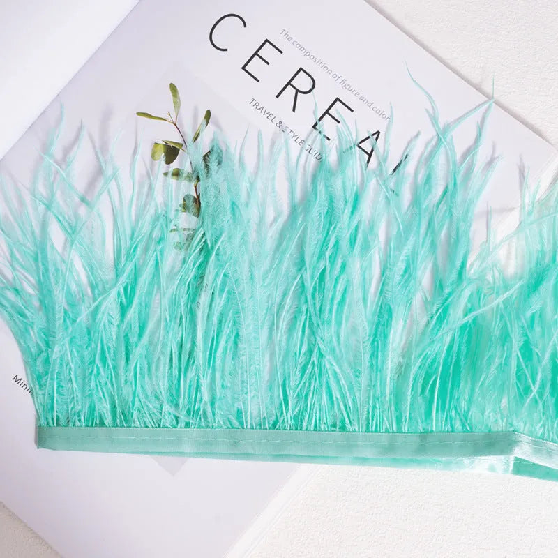 Decorative feather cloth strip in multiple colours including white, black, and mint green for DIY clothing and craft projects