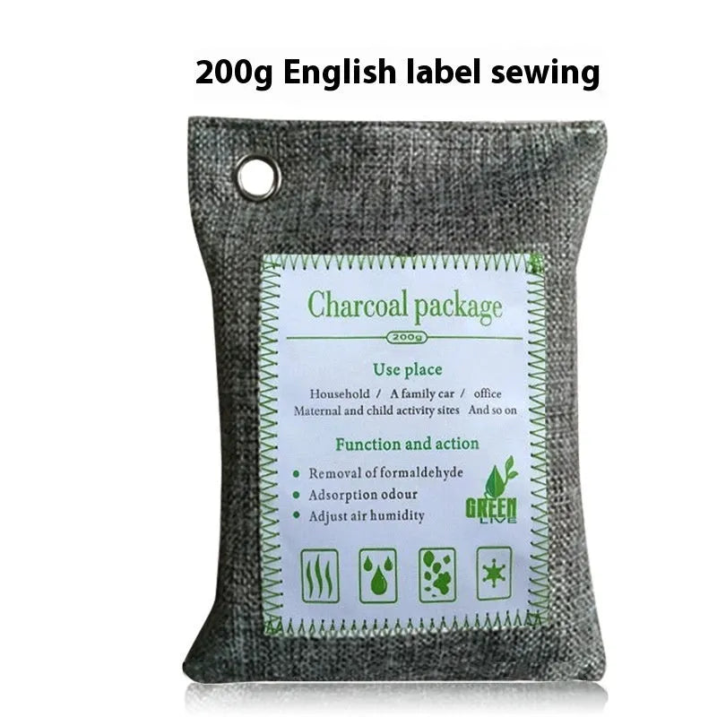 Sewn fabric bag filled with black bamboo activated charcoal for air purification.