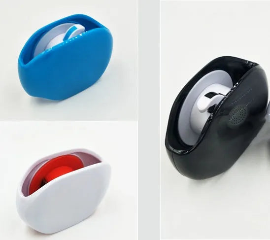 Automatic earphone cable winder showing white, blue, and black units with cable retracted into 72mm storage box.
