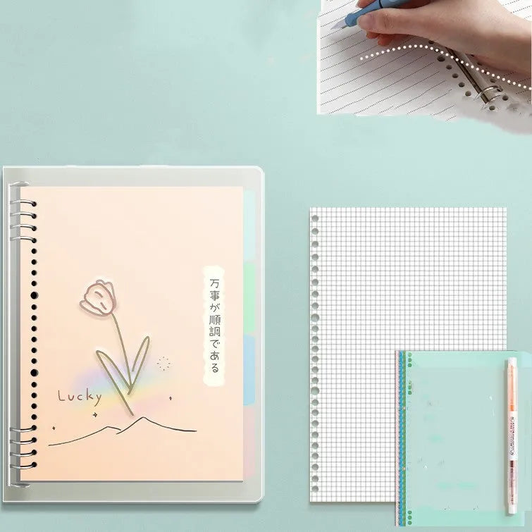 B5 hardcover notebook with lucky cat design showing binder binding for detachable pages
