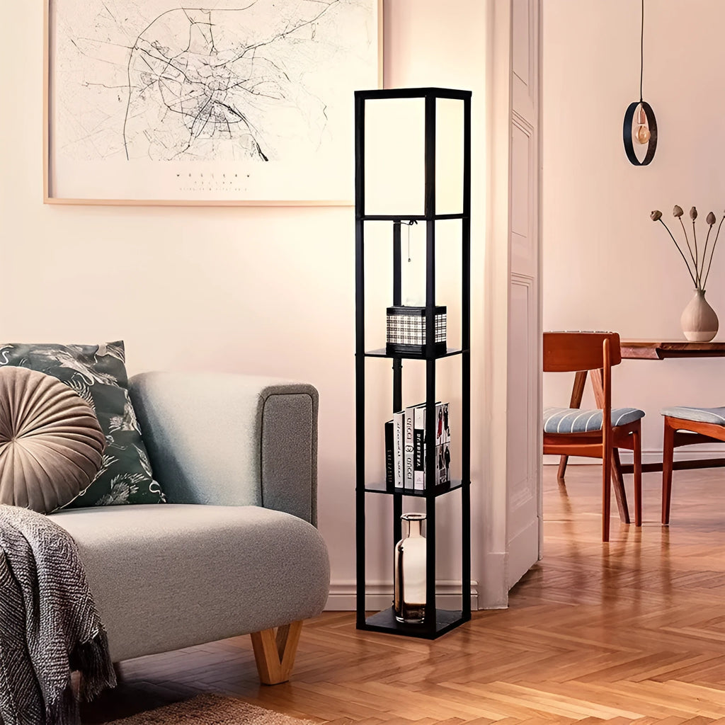 Black multifunctional floor lamp with charging shelf, fabric shade, wood body, D260 x H1600 mm, LED living room light