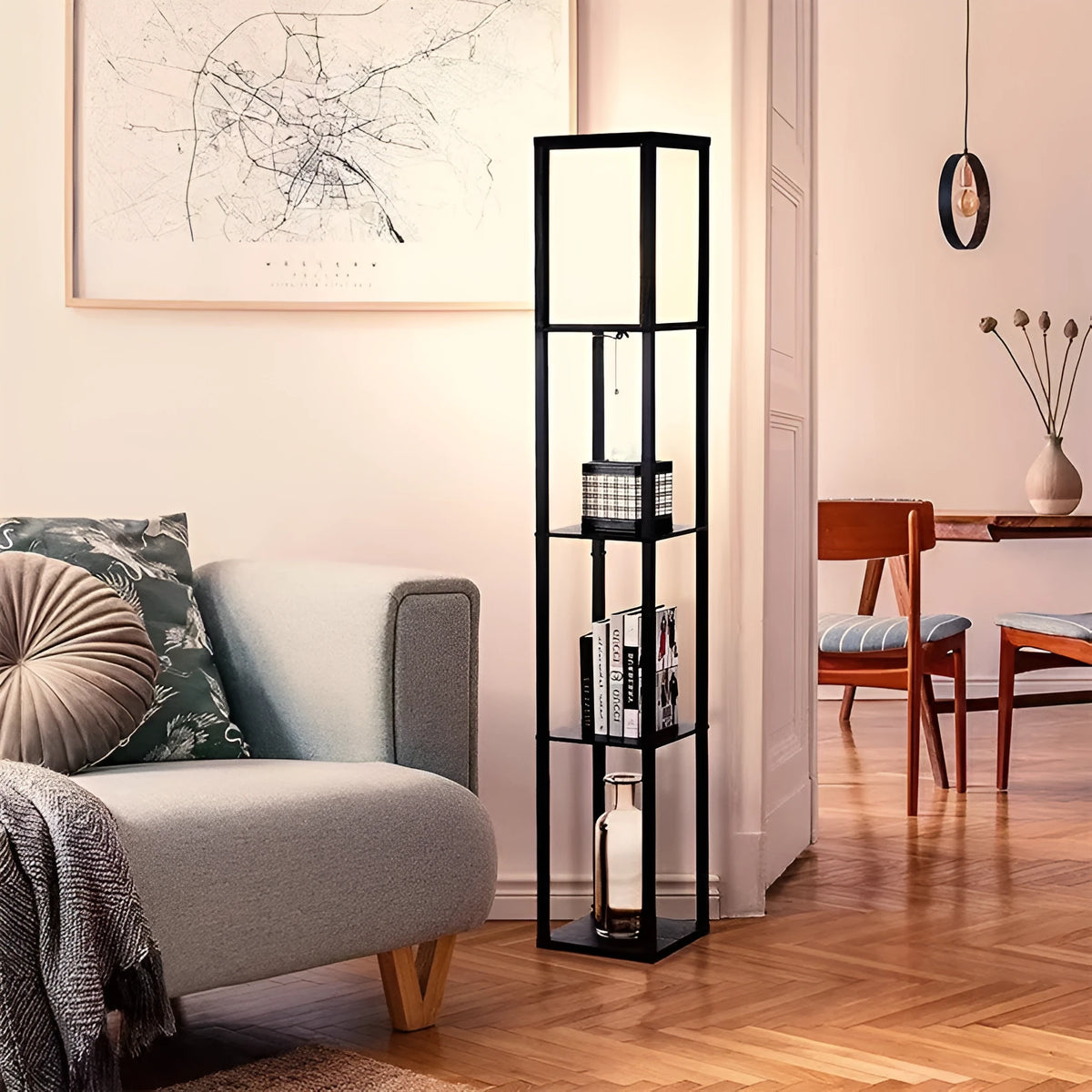 Black multifunctional floor lamp with charging shelf, fabric shade, wood body, D260 x H1600 mm, LED living room light