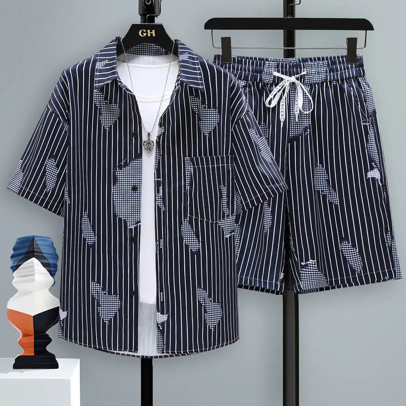 Men's casual sports shorts two-piece set in polyester, showing short sleeve top and matching shorts.
