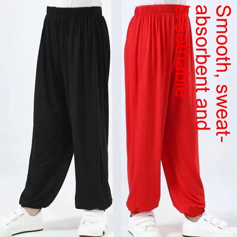 Children's black high elasticity Sanda practice pants for martial arts.