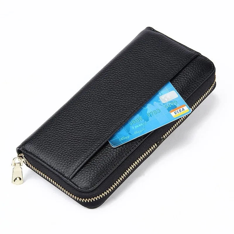 Women's long genuine leather wallet in a choice of six colours showing large capacity and anti-theft card slot.