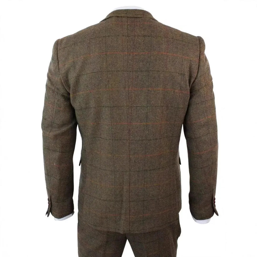 German-style three-piece brown plaid slim fit suit set with coat, vest, and trousers on hanger