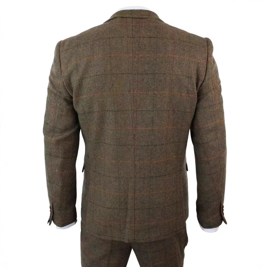 German-style three-piece brown plaid slim fit suit set with coat, vest, and trousers on hanger