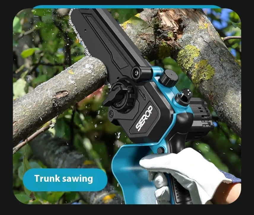 Electric pruning saw with 6-inch SK5 steel blade and 2.5m extension pole on a garden background