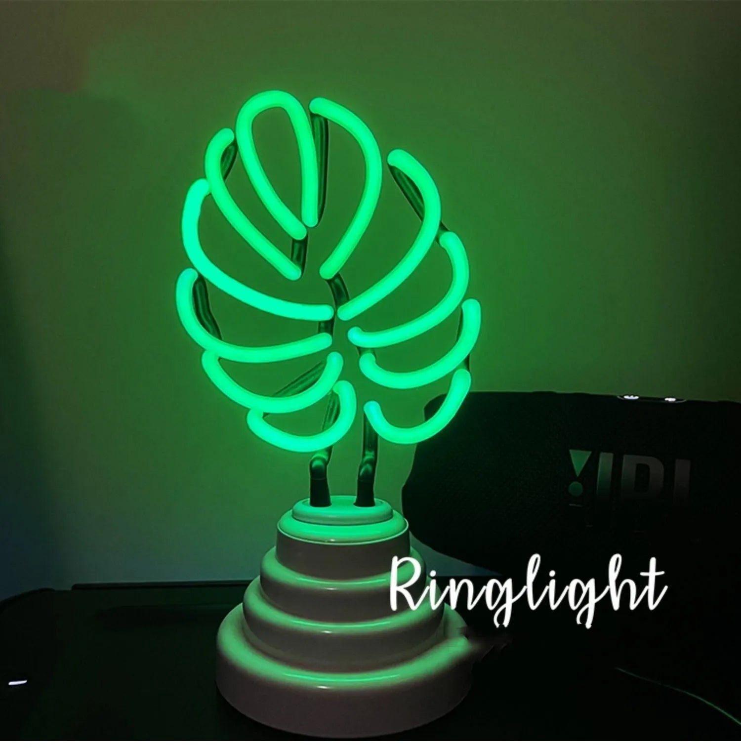 White bamboo-shaped desk lamp with green light, showing USB cable and two size options.