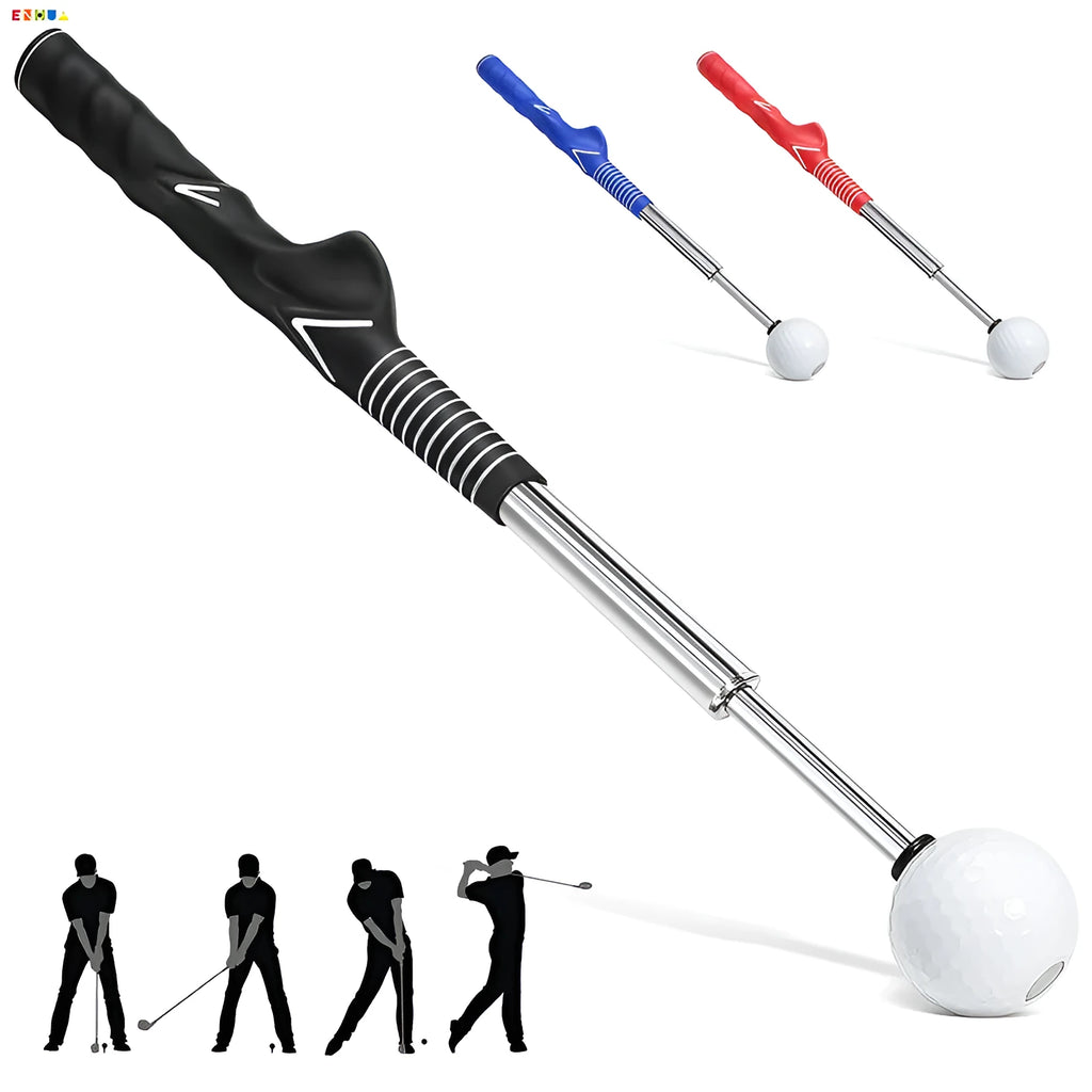 A telescopic stainless steel golf swing trainer extended to full height on a green background.