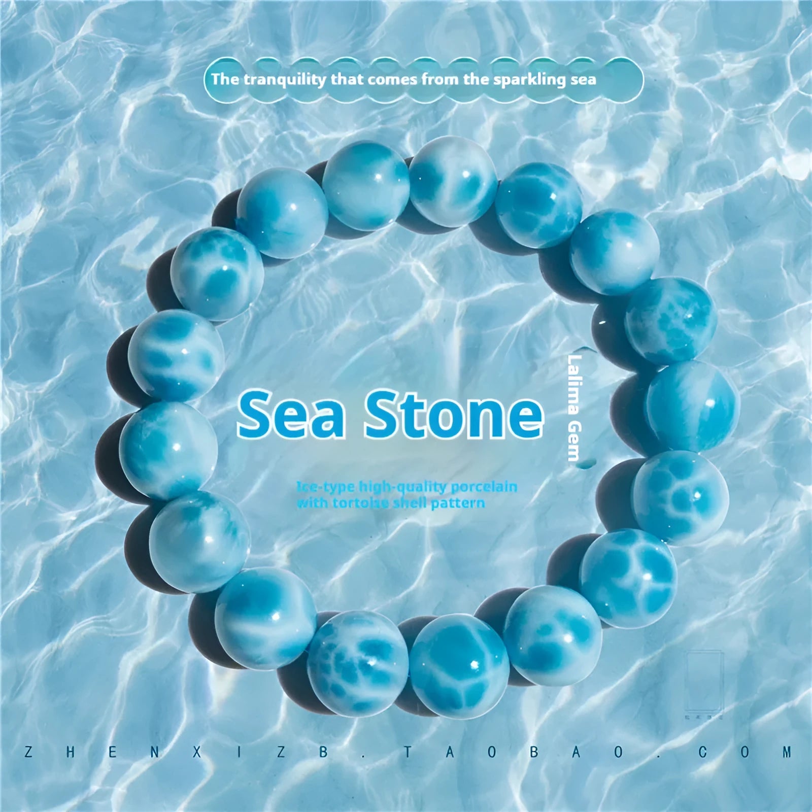 Blue natural crystal sea-pattern stone and Bodhi bracelet with pearl details on a white background.