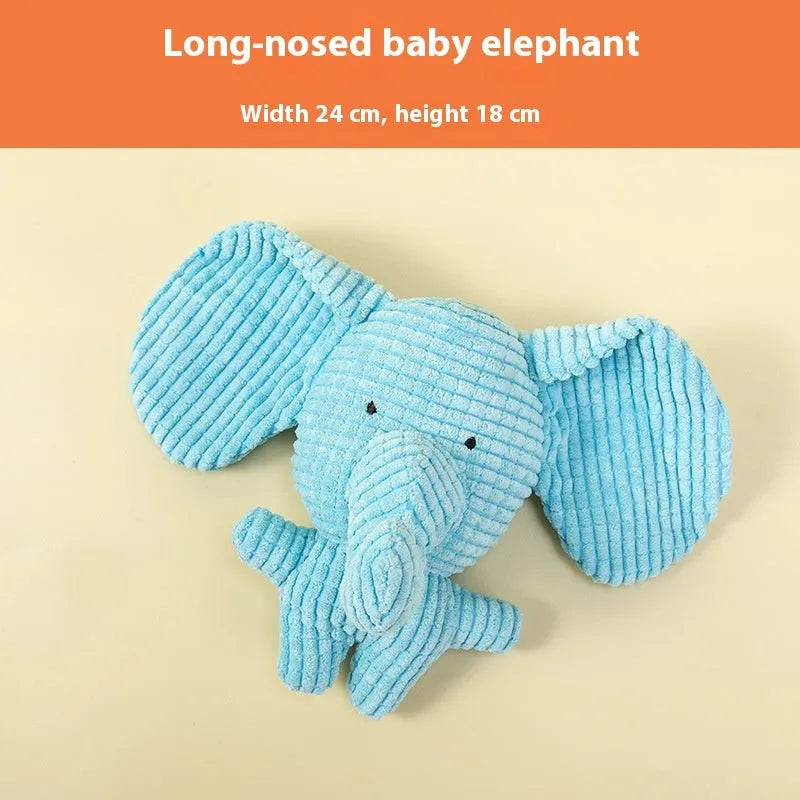 Soft plush puppy toy in character styles including a rechargeable duck, a donkey, a blue elephant, a vertigo dog, and a winky elephant.