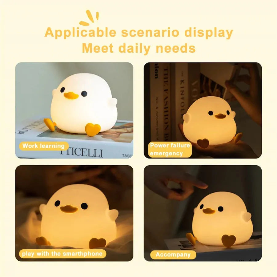 Doudou Duck silicone night light with squeeze control USB charging, 122x105x92mm