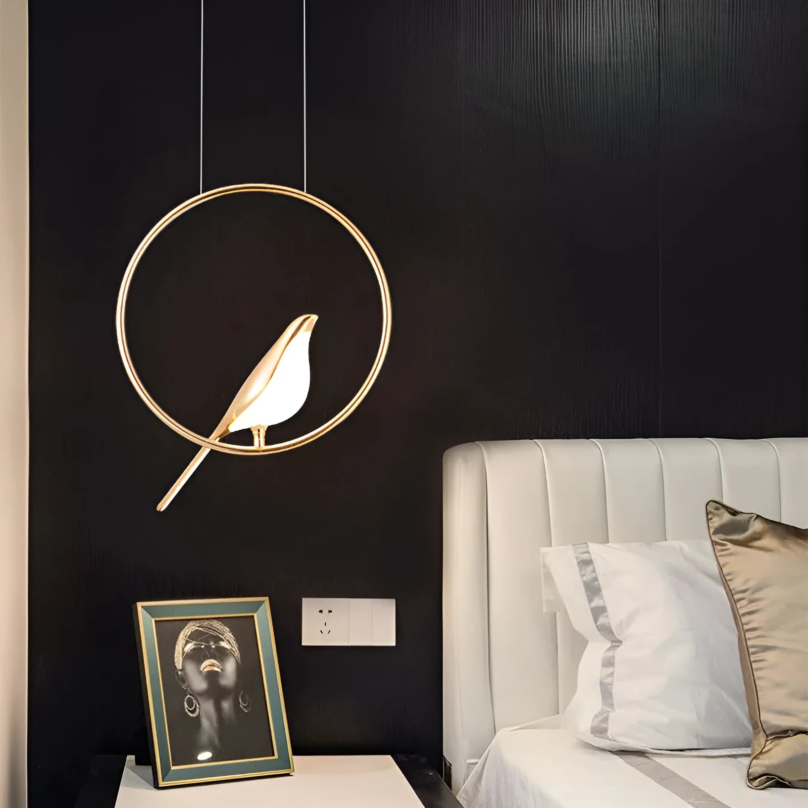 Modern minimalist magpie bird chandelier, 35 x 150 cm, zinc alloy and acrylic