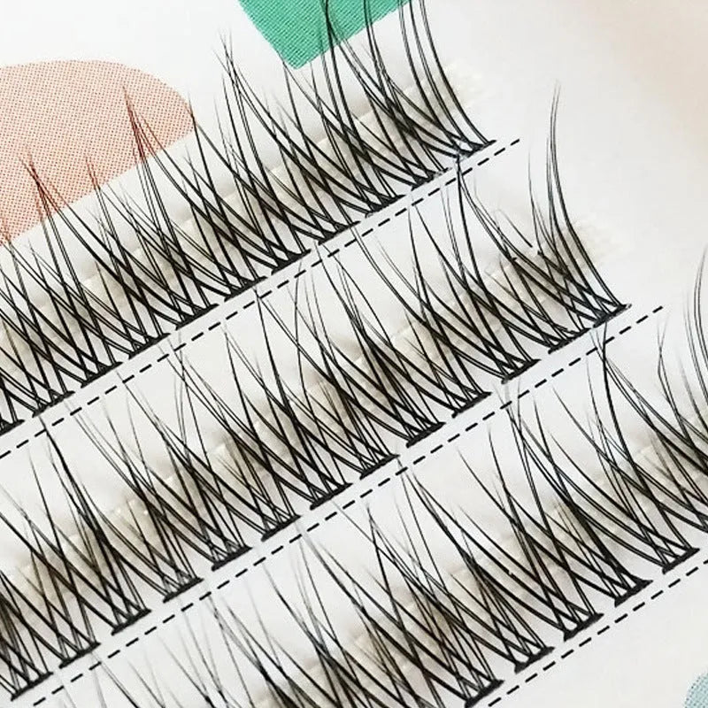 Black V-shaped fairy fishtail false eyelashes showing thick segmented design on 5 size options from 8mm to 12mm.