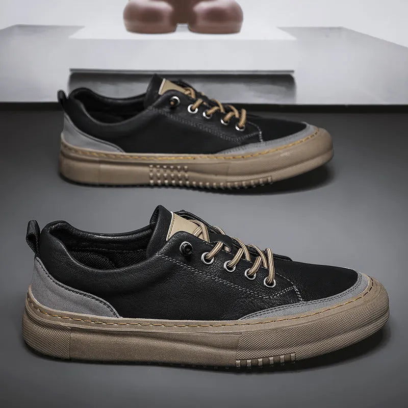 British round toe men's leather shoes in black or khaki with microfiber upper and rubber sole