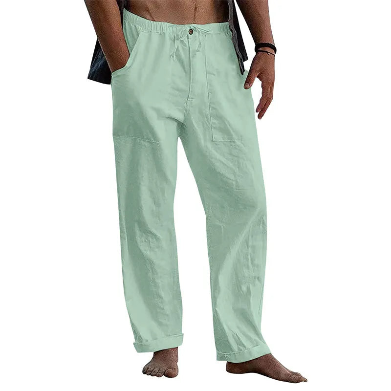 Men's loose fit cotton casual trousers with drawstring waist in solid colours, sizes S to 5XL