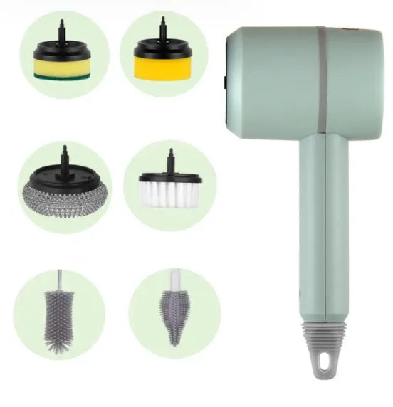 White electric cleaning brush with rotating scrub head and separate scouring pad attachment