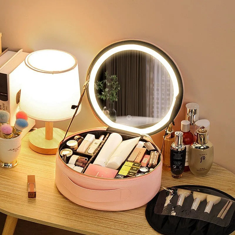 Round Cherry Blossom Pink LED makeup bag with mirror open, showing internal compartments and adjustable lights.