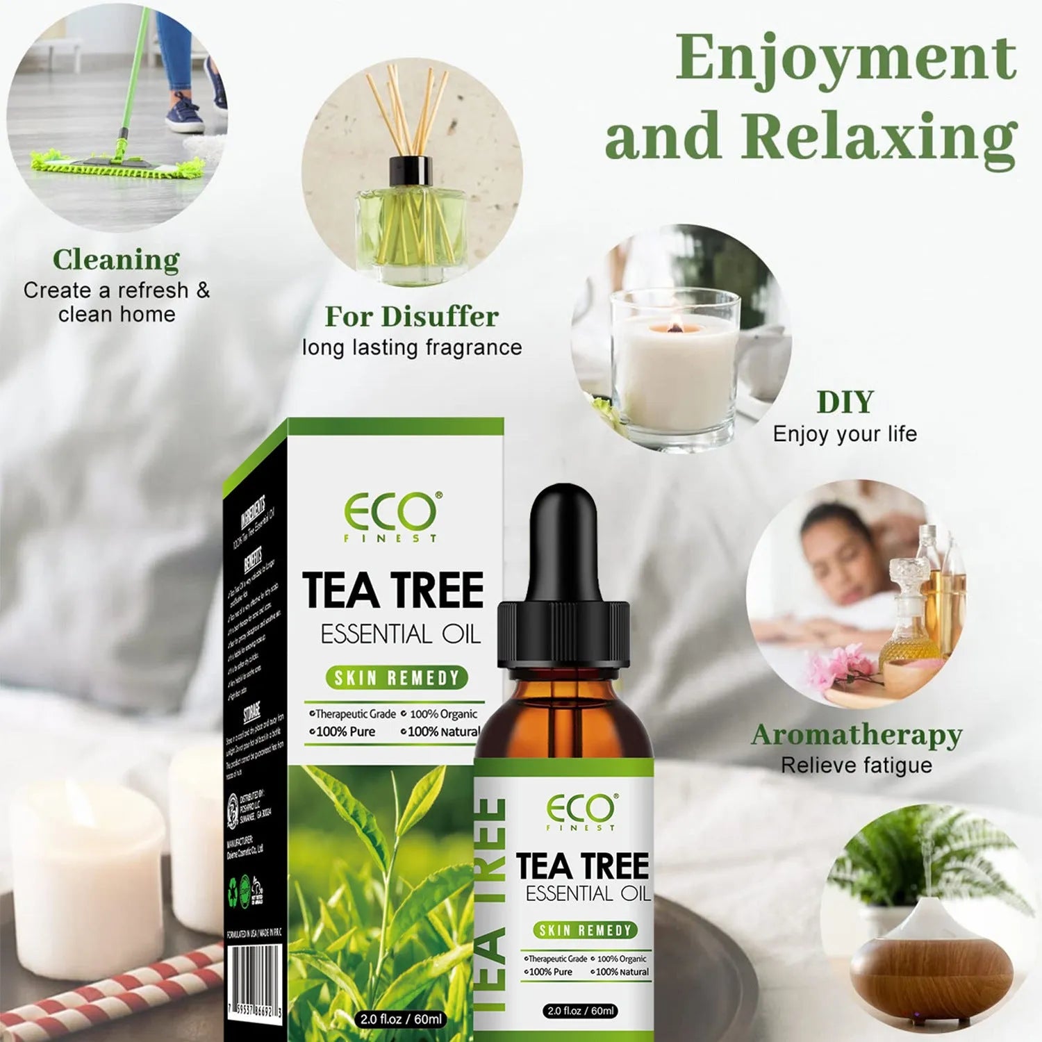 60ml tea tree essential oil bottle with dropper for facial skincare and massage