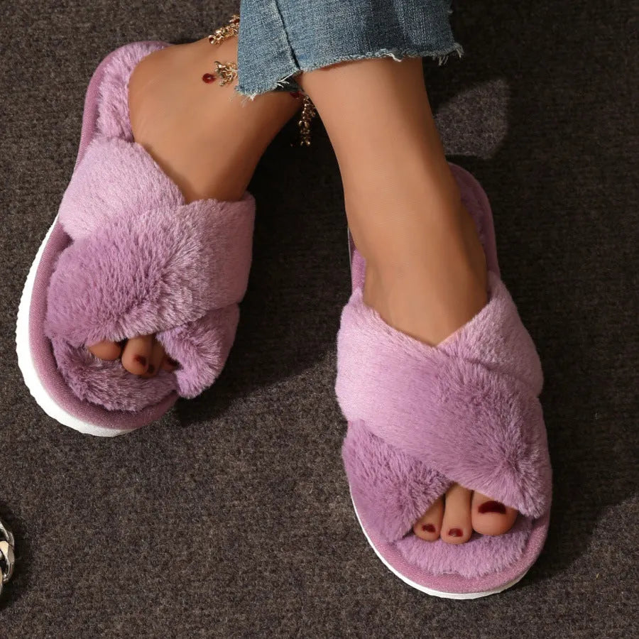 Women's cross plush slippers with open toe and EVA sole in brown colour