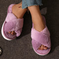 Women's cross plush slippers with open toe and EVA sole in brown colour