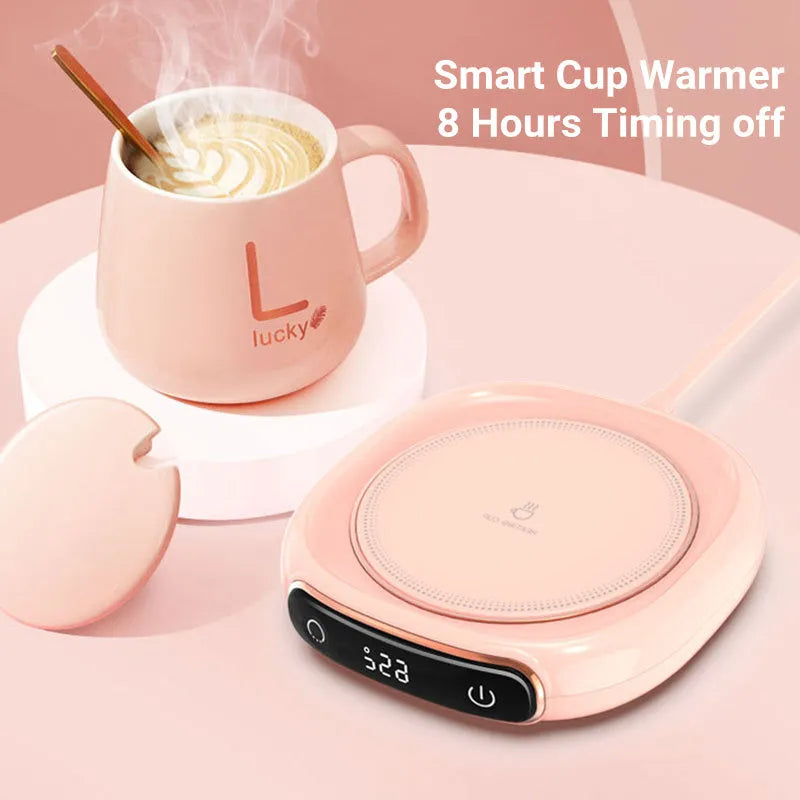 USB-powered coffee mug warmer in white on a desk with a ceramic mug