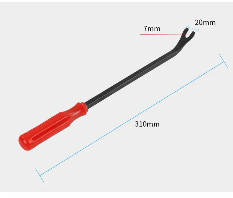 Red-handled steel automotive door panel clip removal tool for General Motors vehicles.