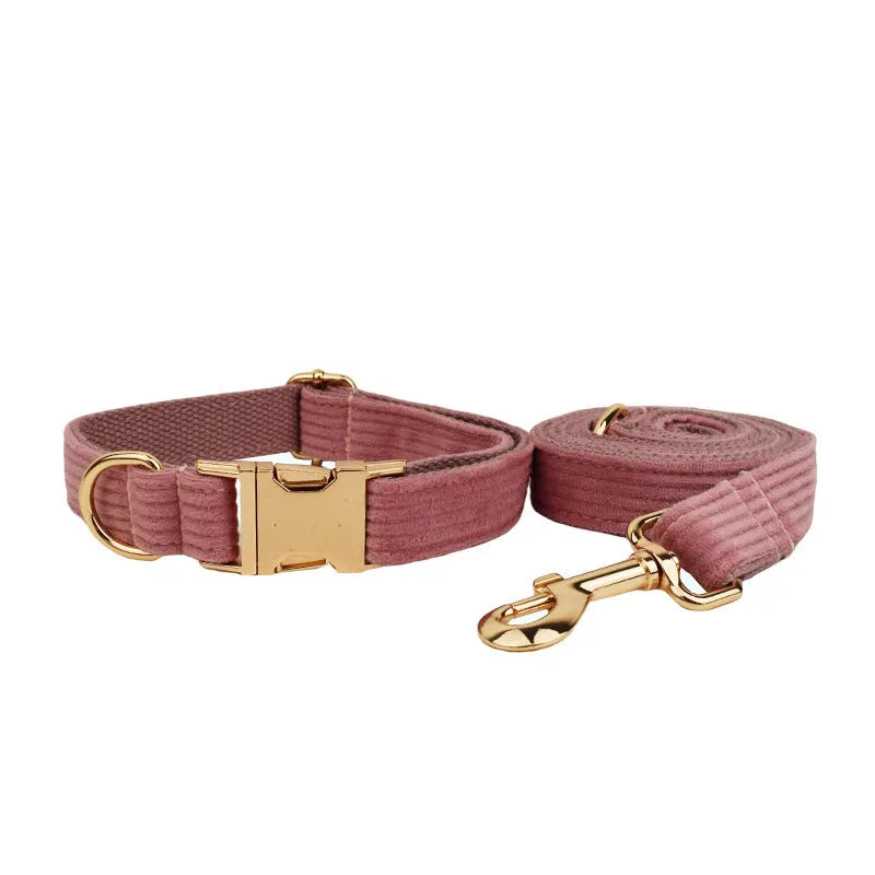 Corduroy dog collar and leash set with matching vest, bow, and poop bag holder accessories