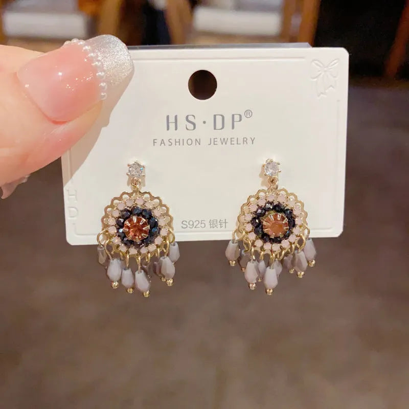 Purple and blue diamond-embedded round crystal tassel earrings with thick gold plating