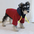 Dark red or navy blue polyester dog hoodie with contrast trim and simple pullover design