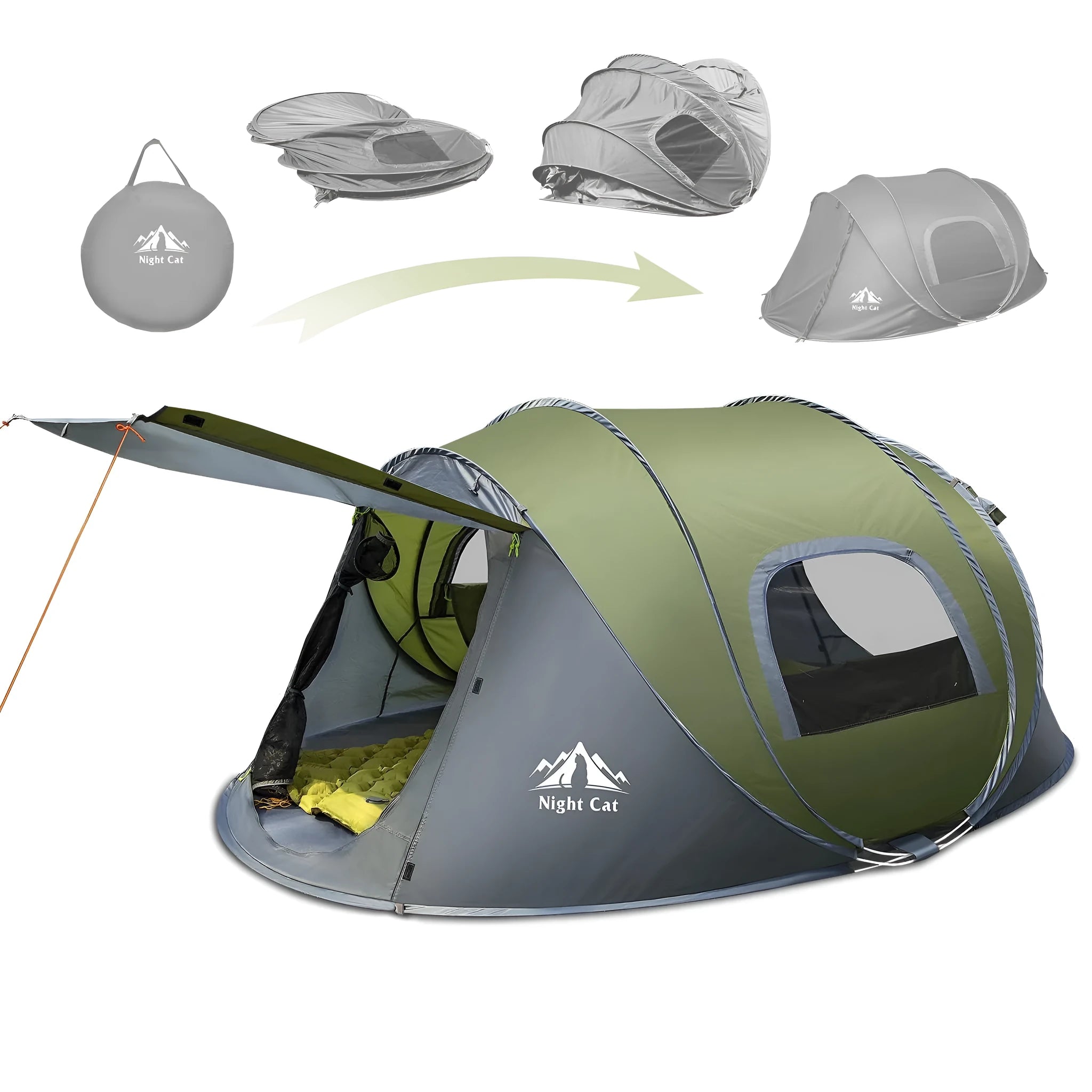 Dark green automatic pop-up tent set up in a field, showing its compact two-person size and instant design.