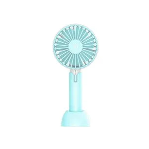 Blue handheld mini electric fan with USB cable, three-speed controls, and oscillation function on desktop