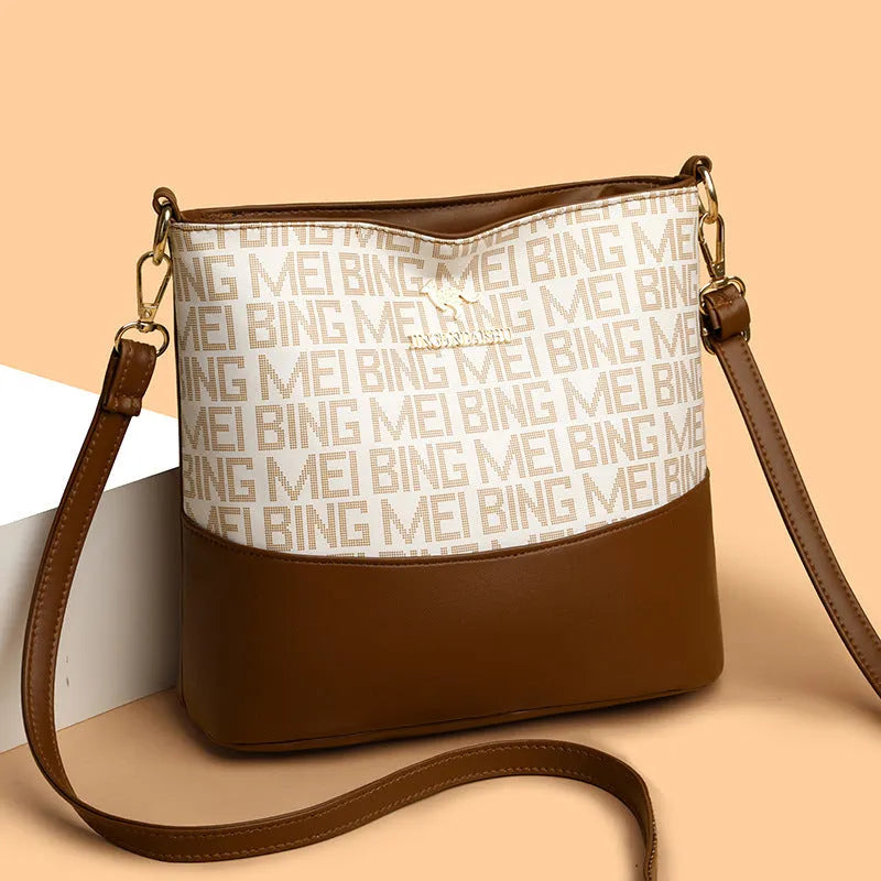 Brown retro soft leather messenger bag with three-dimensional pocket and horizontal square shape
