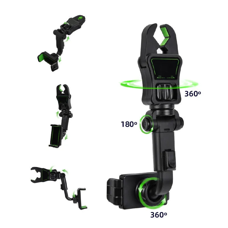 Black and green car mobile phone holder mounted on a rear-view mirror bracket.