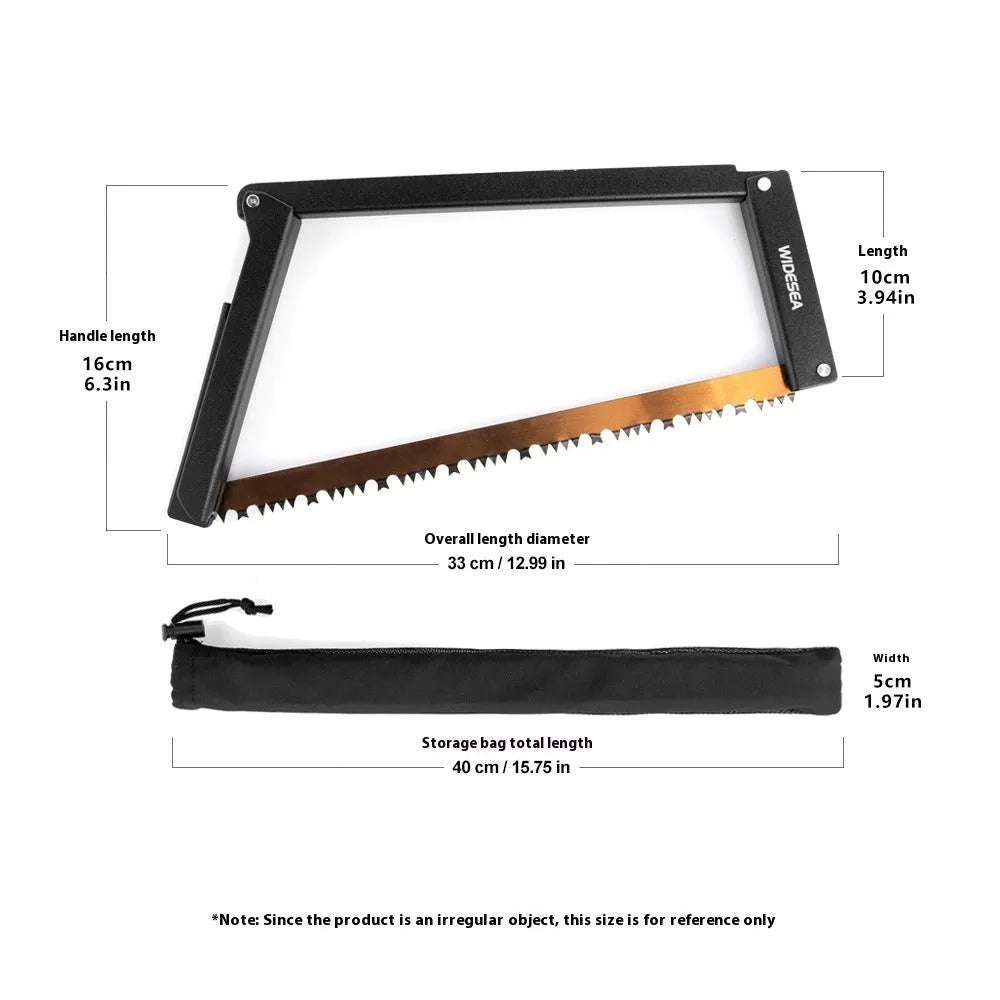 Black foldable outdoor survival saw with aluminium and nylon frame, showing folded design.
