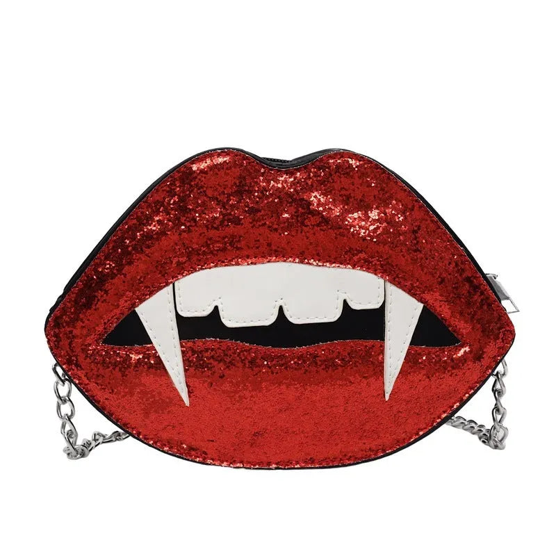 Small red PU sequin crossbody bag with chain detail, oval hard shape, front view on plain background