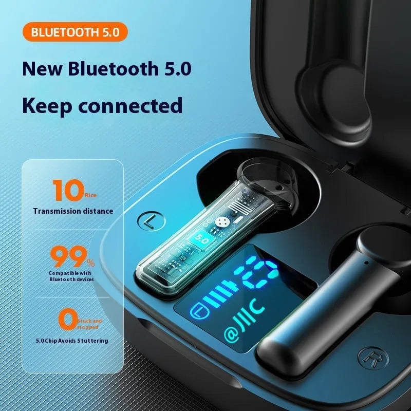 Wireless Bluetooth in-ear headphones with LED display, 13mm copper ring speaker, charging case, in black, white, and pink