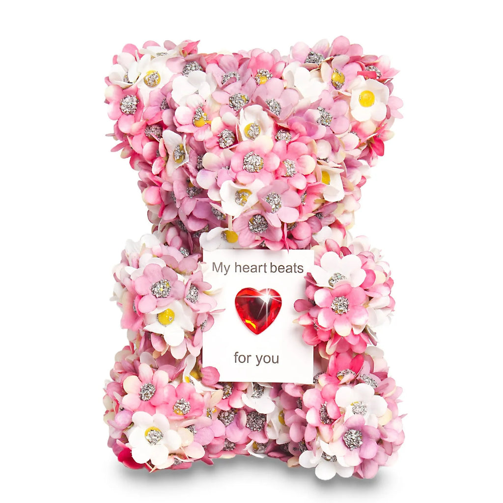 Pink artificial rose bear handmade from polyester and foam, 17 cm tall, displayed as Valentine's ornament