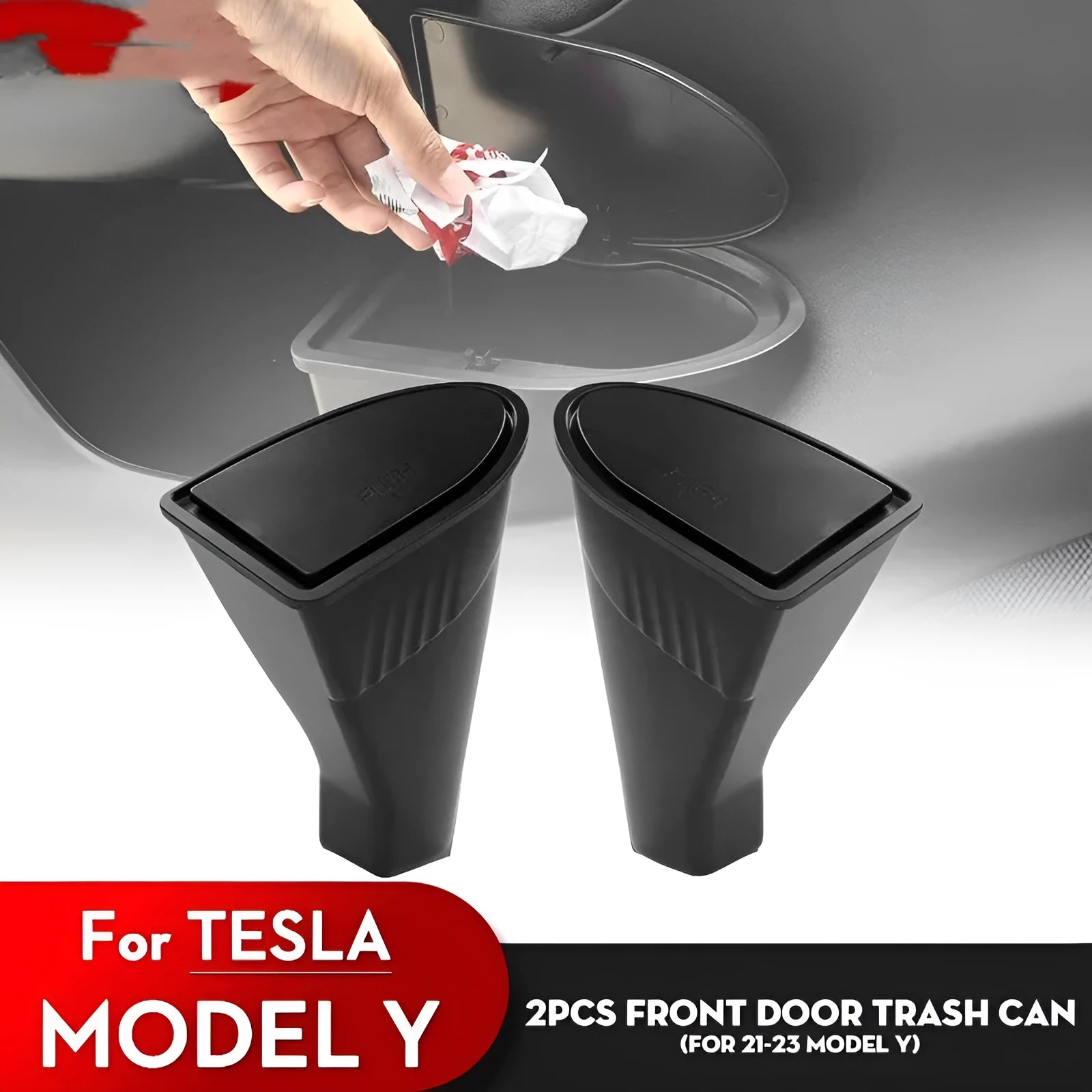 Two black ABS plastic storage bins designed for Tesla Model Y front door pockets.