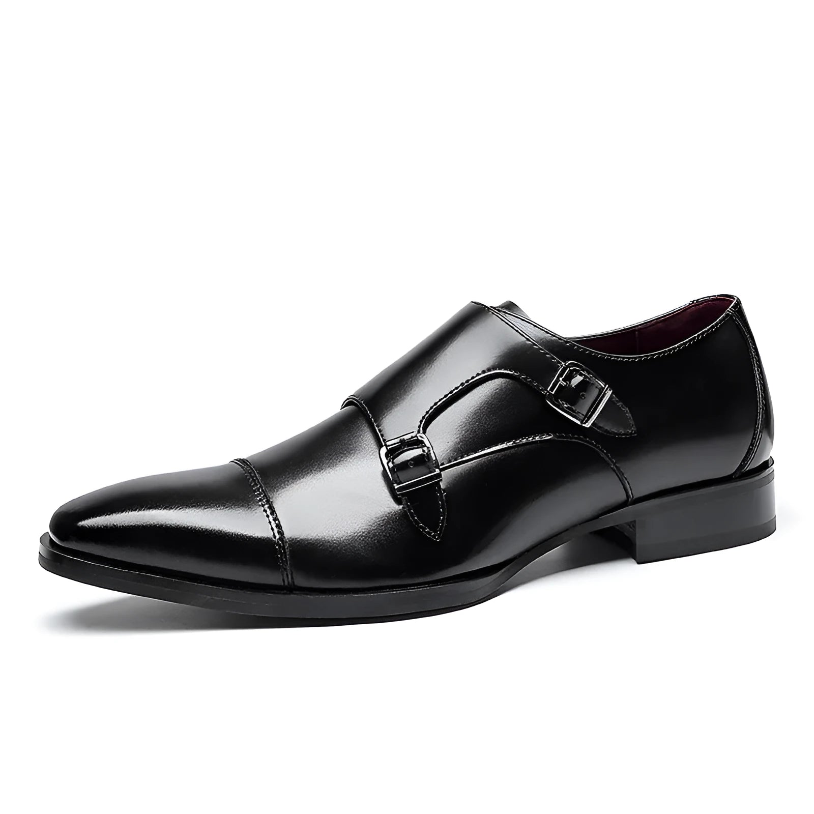 Men's black and light brown leather shoes with square toe design and rubber soles