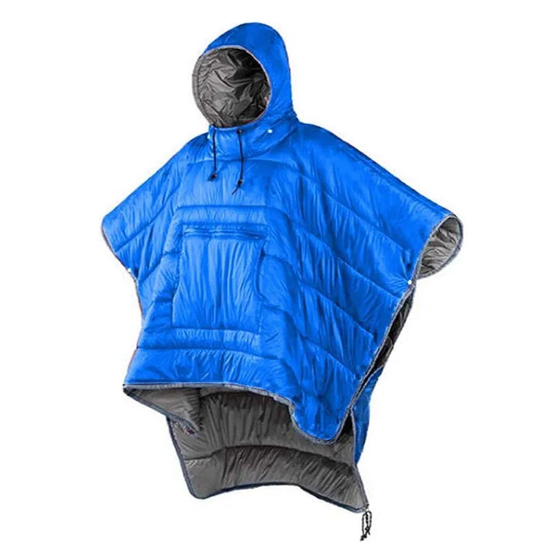 Outdoor cloak sleeping bag worn as cape showing grey colour and 200x140cm dimensions