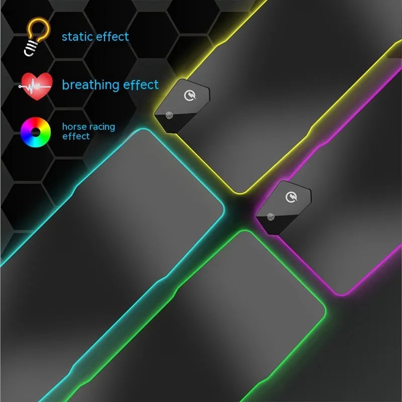 Black gaming mouse mat with mech-style graphics showing 300x800mm dimensions and TYPC interface