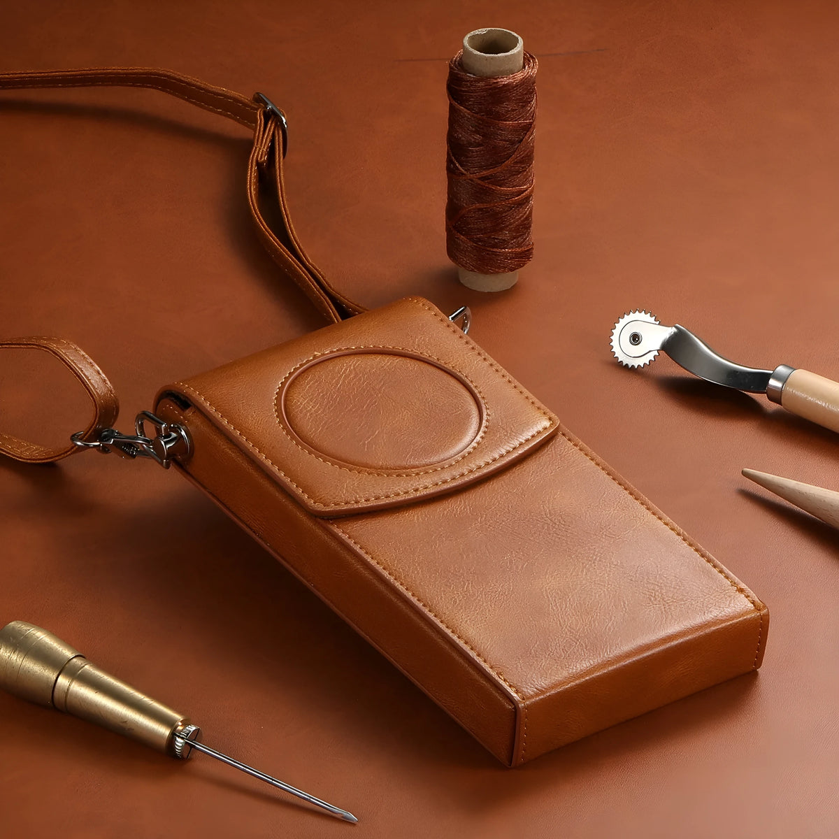 Brown leather storage bag for Apple Vision Pro power supply, portable satchel protective sleeve