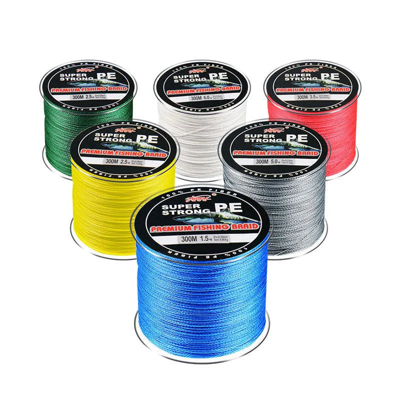 Spool of Dali Mayu 300 metre PE braided fishing line showing multiple colour options