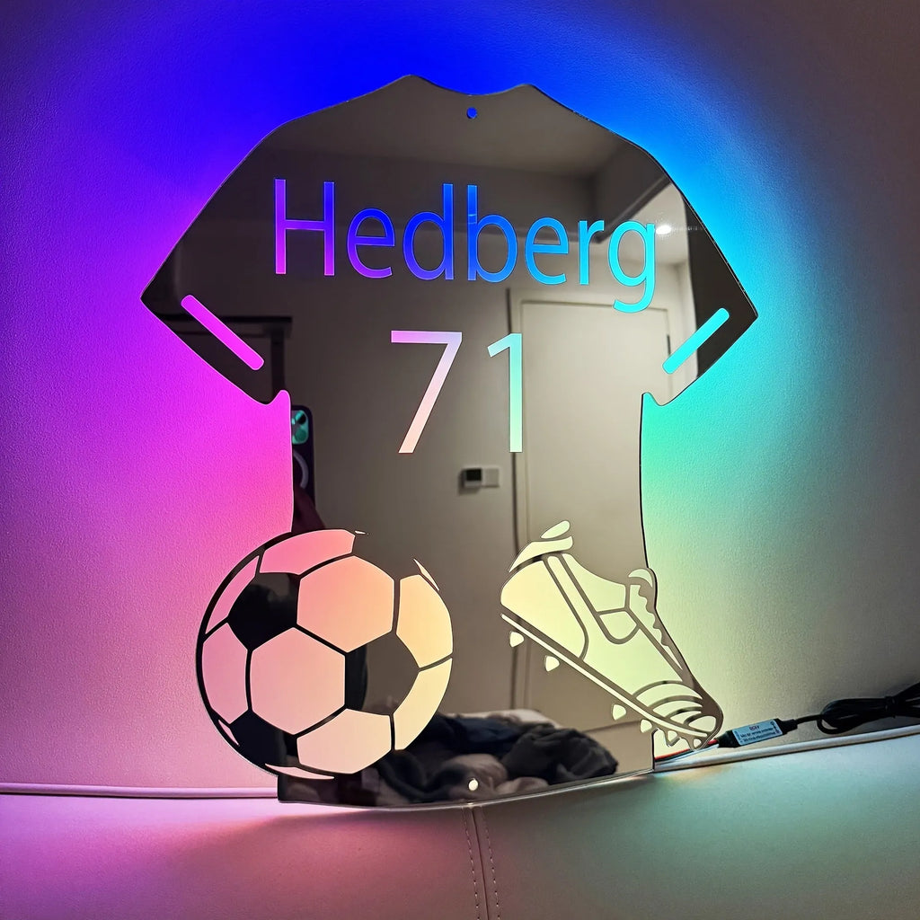 Football Jersey Luminous Mirror LED Illuminated Mirror Light Personalised 12 Colour Remote Control Acrylic Frame Night Light Small 30x35cm Large 37x42cm Extra Large 55x48cm for Bedroom Decor Gift