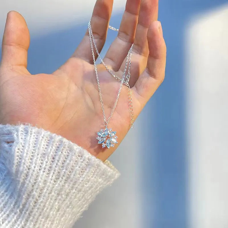 Sky blue snowflake pendant necklace with rhinestones on alloy chain