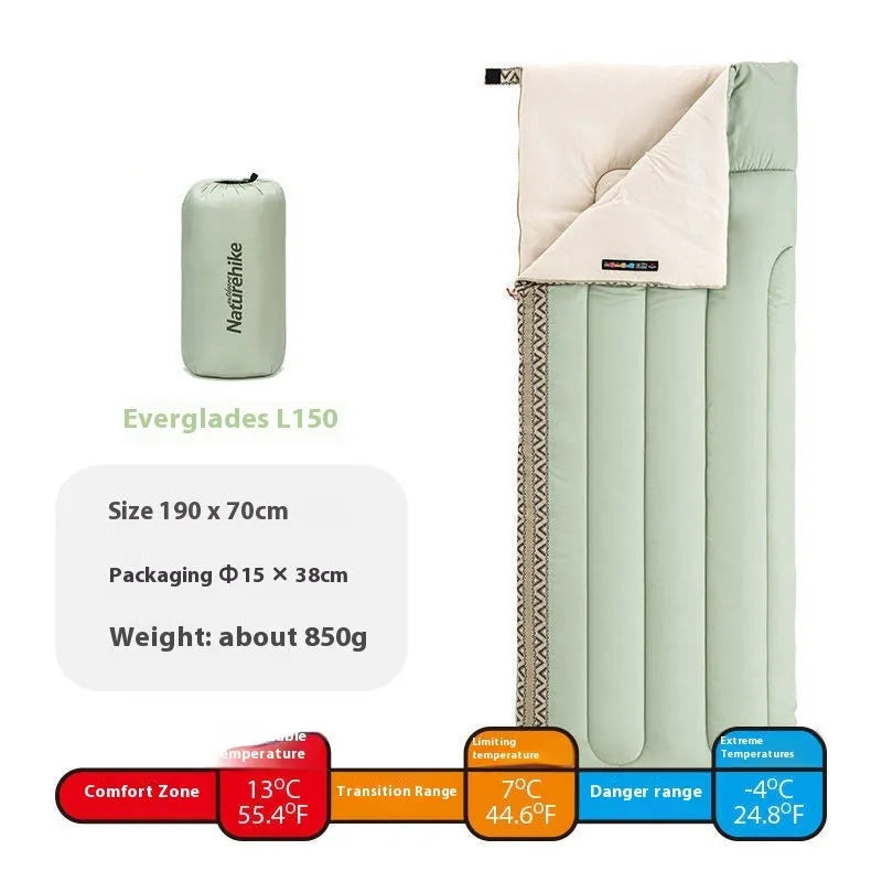 Four seasons portable adult camping sleeping bag with storage bag in swamp colour.