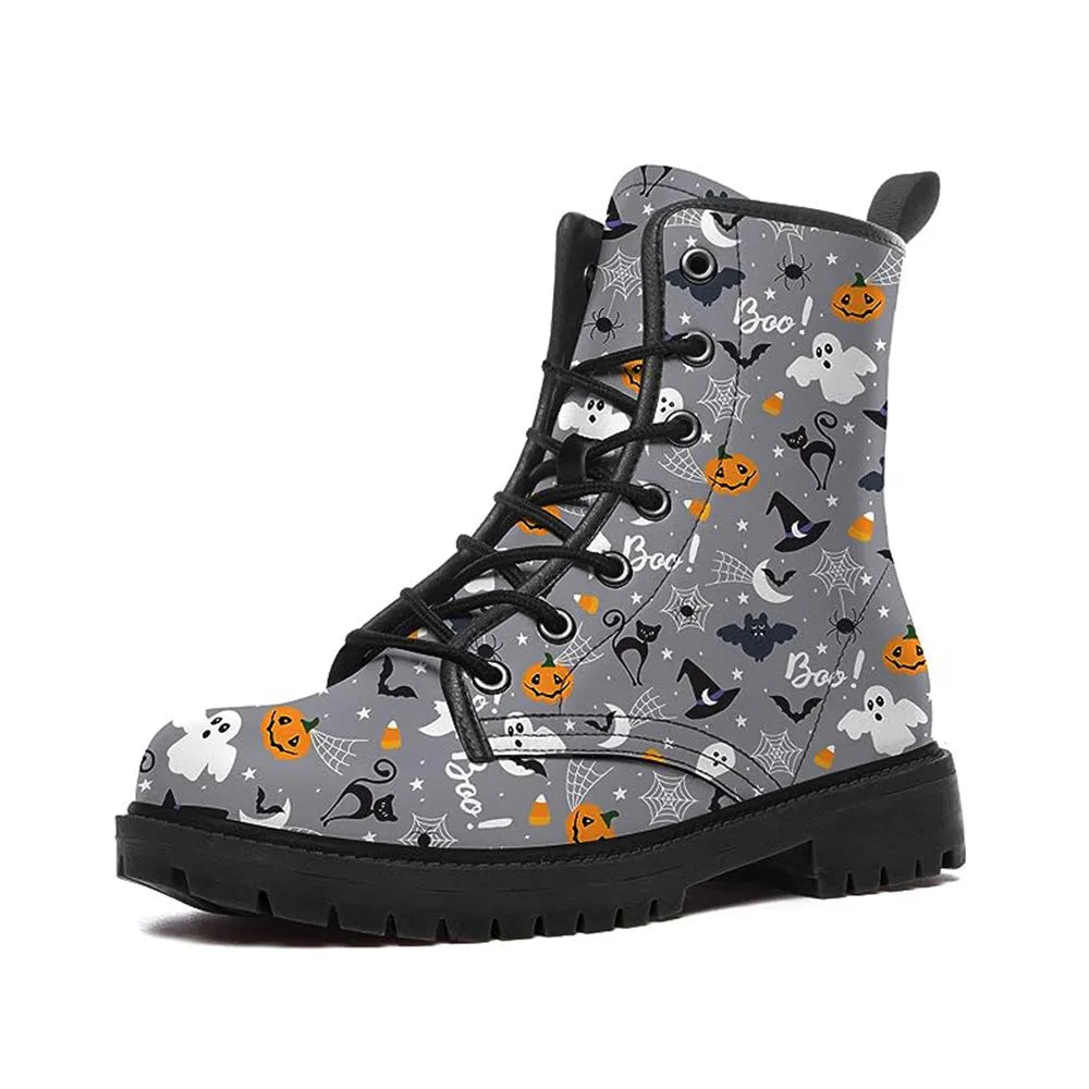 Women's Halloween cartoon printed boots in pumpkin 961 colour with square heel and front lace-up